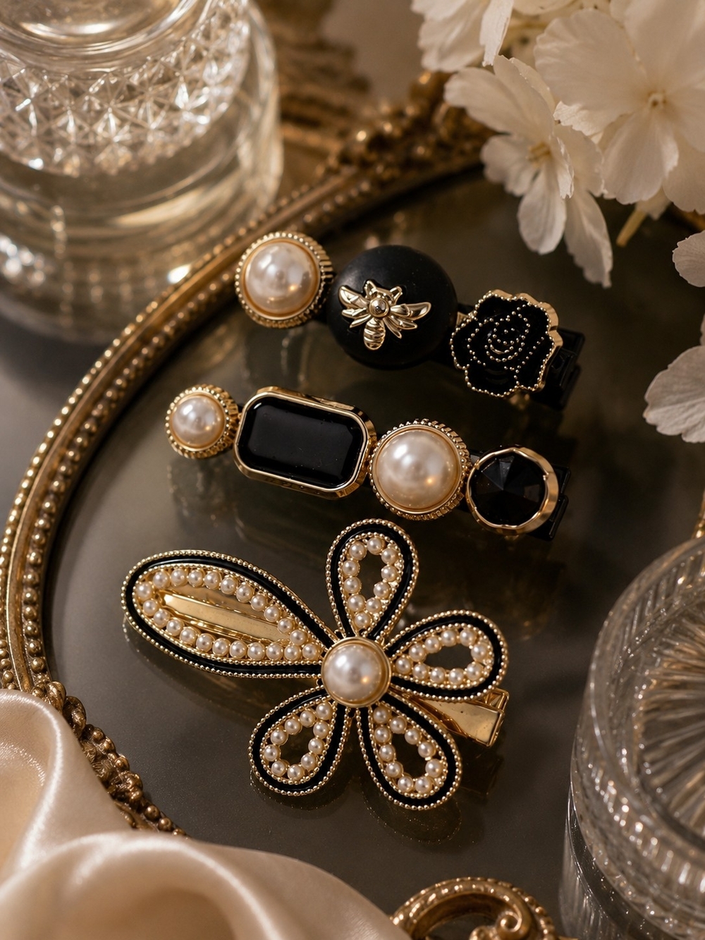 2 for $18 Elegant Black Gold Pearl Flower Hair Clip Set Vintage Style Barrettes